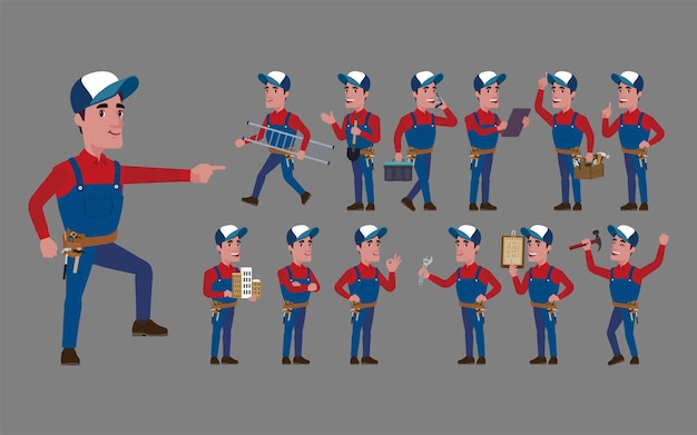 Repairman with different poses. vector