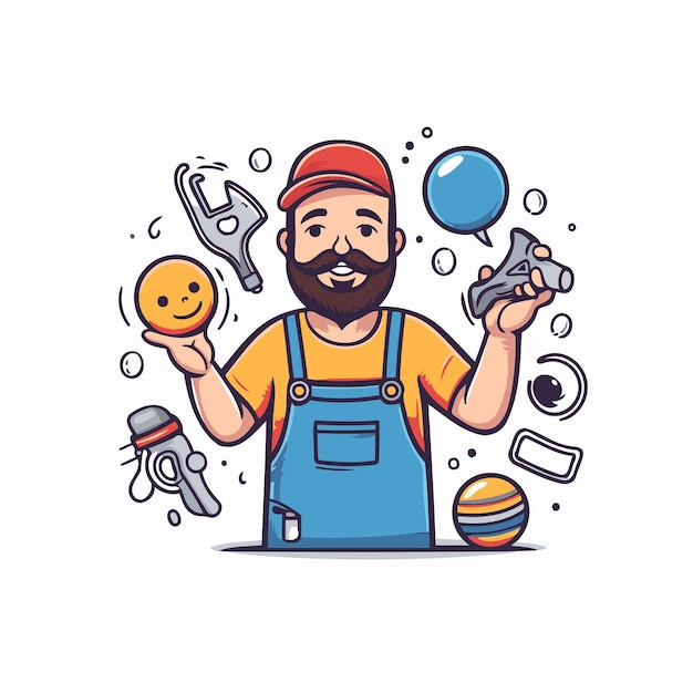 Repairman with different tools Vector illustration in cartoon style
