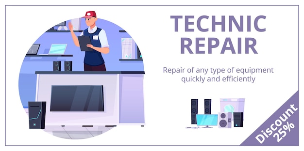 Reparatie service kleur banner met een reparateur op een witte achtergrond platte vectorillustratie