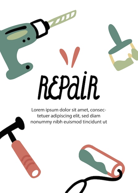 Vector reparatieposter. handgeschreven inscriptie. folder, kaart, advertentie. boor, borstel, hamer, verf