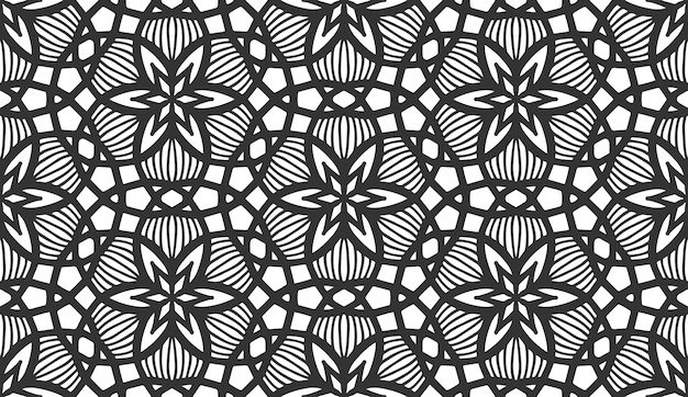 花のシームレスなパターンを繰り返します 黒と白の無限の背景 抽象的な花の幾何学的な六角形の飾り 無限のスタイリッシュなグラフィック モダンな繰り返しパターン ファッション モノクロ レトロな装飾