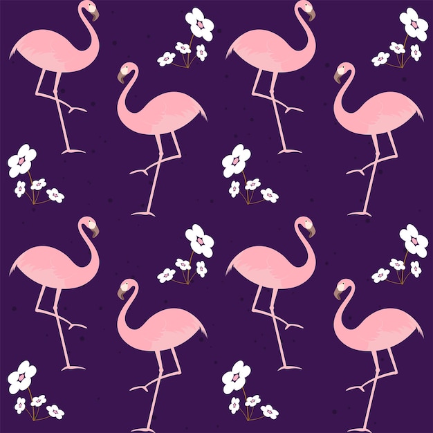 Repeat-less flamingo and flowers decorated on purple background.