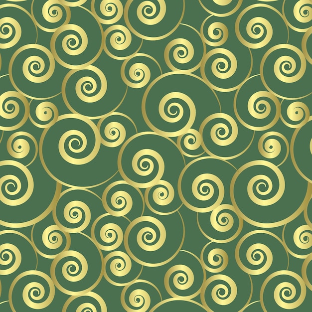 Vector repeat pattern of golden swirls on green background