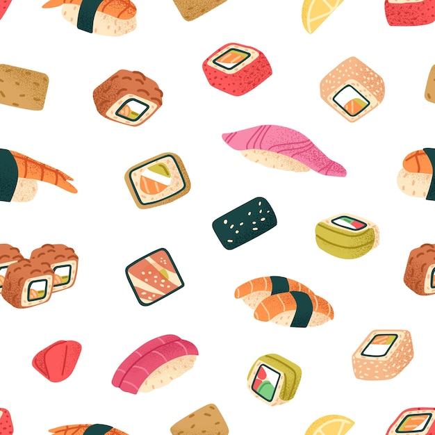アジア料理 魚サルモン米 伝統的な日本料理 レストランの装飾 フラットなシームレスベクトルイラスト