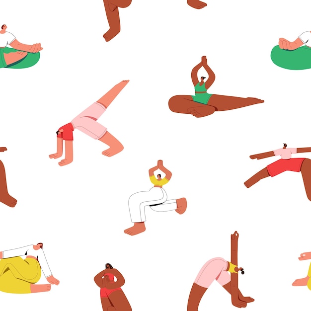 Повторяемая модель различных позиций йоги женщины практикуют медитацию различные асаны дзен позы люди делают упражнения на растяжку заботятся о здоровье тела плоская векторная бесшовная иллюстрация