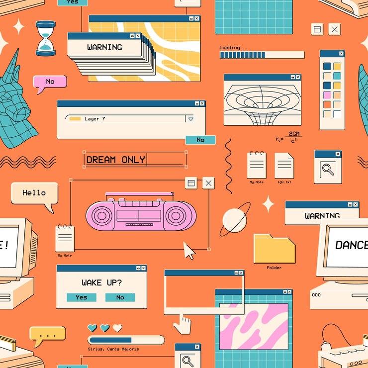 Vector repeatable pattern of retro ui items of computer interface in vaporwave style endless background of kitsch digital elements of software y2k windows and icons flat seamless vector illustration