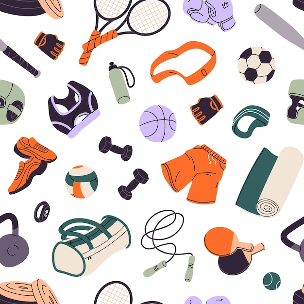 repeatable pattern of sports equipment endless background of different training items workout accessories fitness supplies balls dumbbells rackets kettlebell flat seamless vector illustration