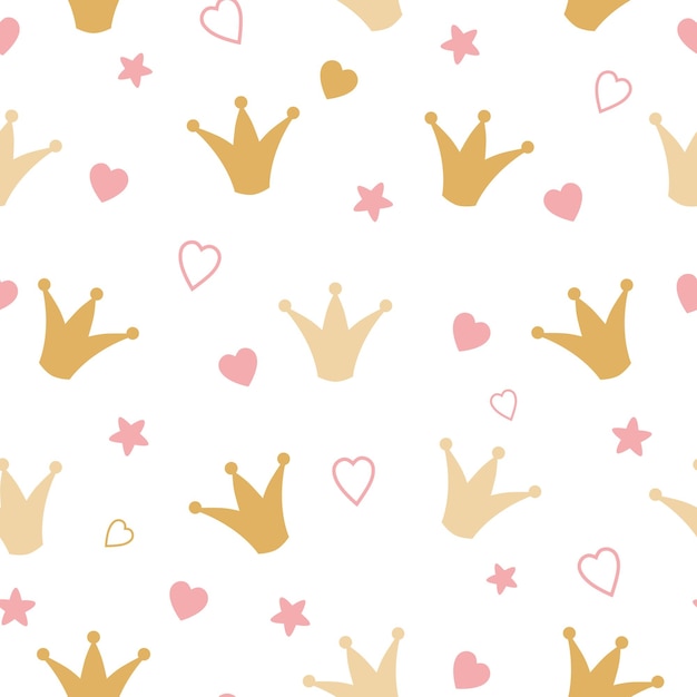 Repeated crowns and hearts drawn by hand Cute seamless pattern for girls Sketch doodle scribble Endless girlish print Girly vector illustration Romantic girl vector seamless background