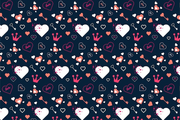 Repeating love pattern vector on a dark background Abstract love shape pattern design for valentine's event Seamless love pattern decoration with king crowns and love keys Endless pattern vector