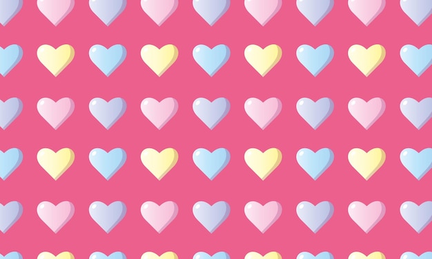 Repeating pattern of colorful hearts on a pink background