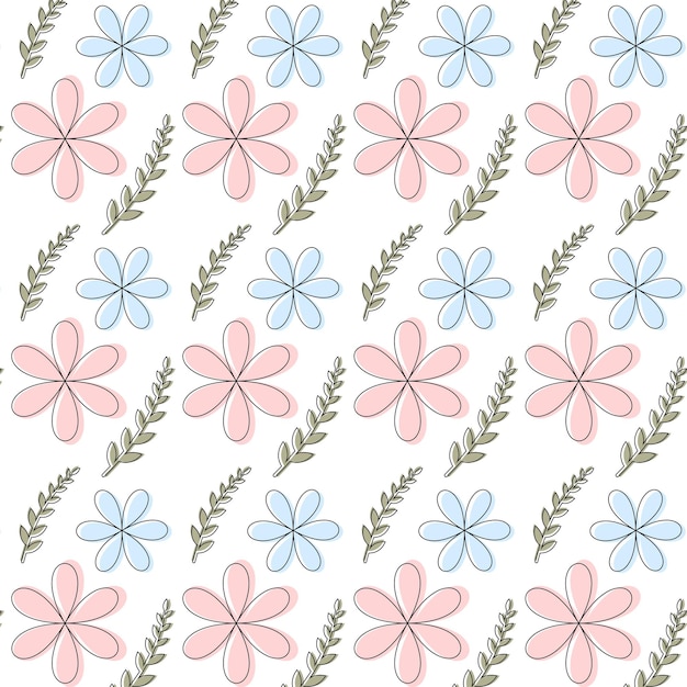 Repeating pattern of pink and blue flowers and plants on a white background