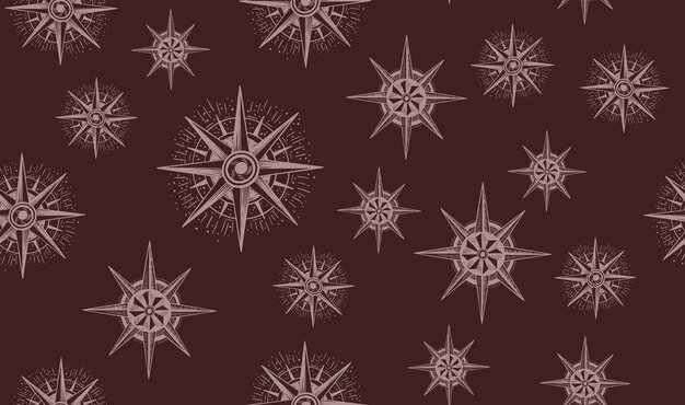 Repeating pattern of vintage compasses on a brown background