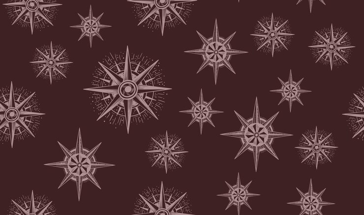 Vector repeating pattern of vintage compasses on a brown background