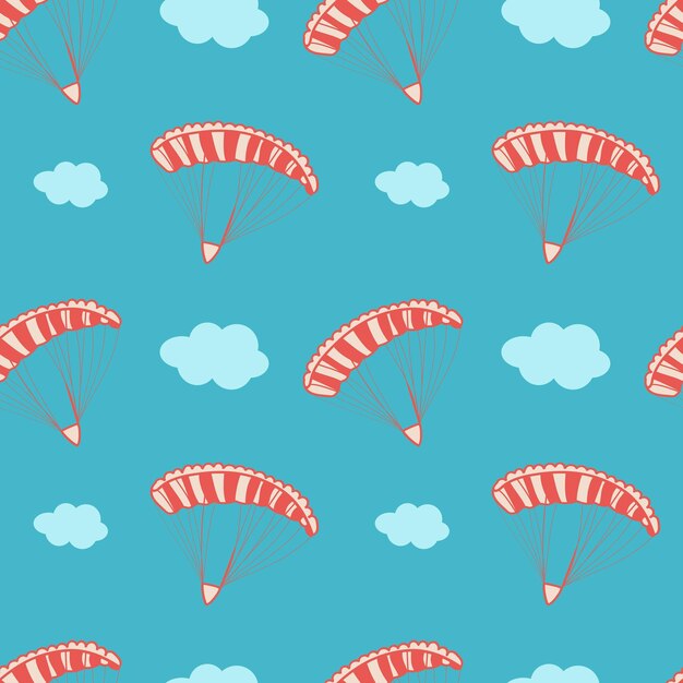 Repeating pattern with parachute and clouds on blue sky