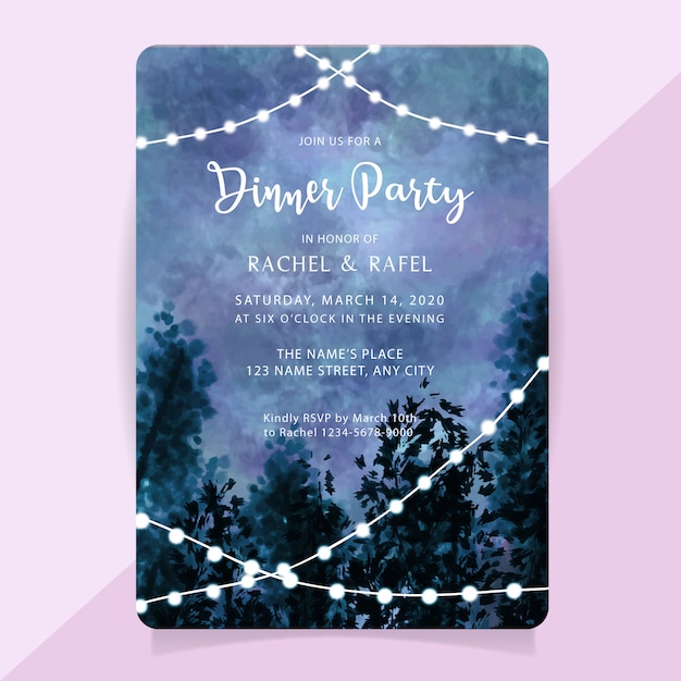 Repetitie diner partij uitnodigingskaart met aquarel mistige bos achtergrond