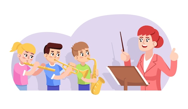 Repetitie van kinderen orkest platte vectorillustratie. Kinder ensemble. Muziekschool optreden. Kunst les. Meisje en jongens die blaasinstrumenten spelen, leraar die stripfiguren dirigeert