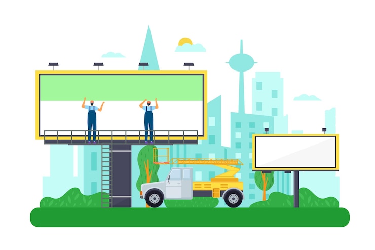 Vector replacement billboard advertising banner painting vector illustration man person work with
