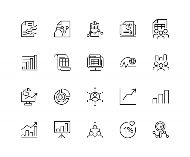 Icone di report e diagrammi. set di venti icone di linea. dati, presentazione, analisi.