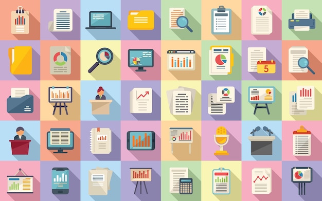 Report icons set flat vector. performance chart. data document