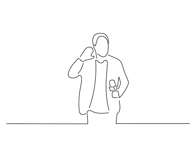 Reporter putting hand on the ear line art or continuous one line illustration