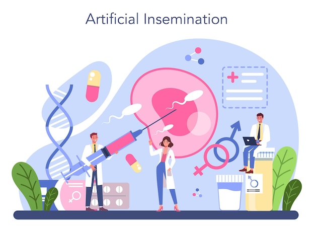 Reproductologie en reproductieve gezondheid Onderzoek naar biologisch materiaal van menselijke vruchtbaarheid Zwangerschapsbewaking en kunstmatige inseminatie Geïsoleerde illustratie in cartoonstijl