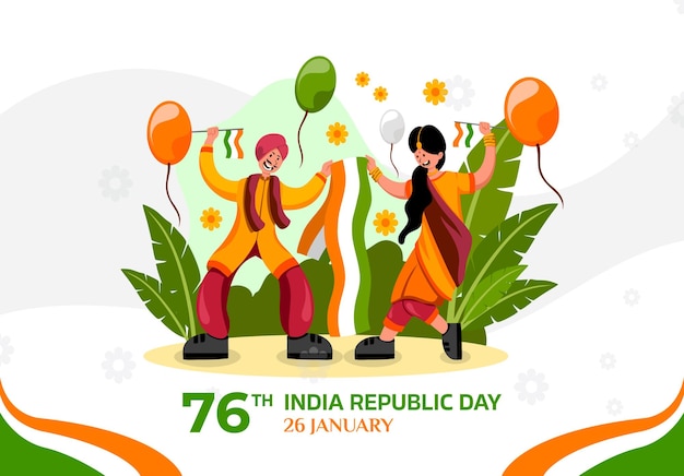 ベクトル 共和国記念日のお祝いバナー テンプレート インド人男性と女性が一緒に踊って祝う