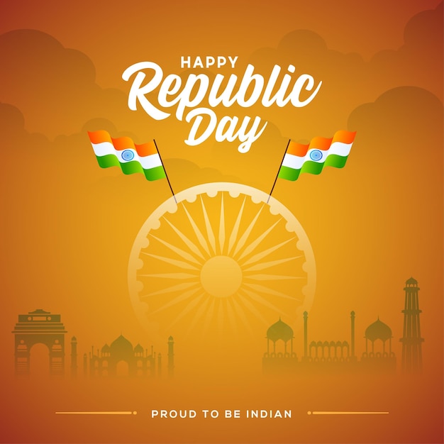 Vector republic day celebrations with 26th january india and ashoka wheel try color indian flag lal kila