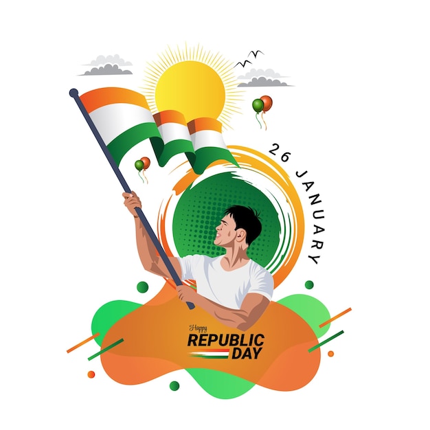 Republic day greeting with man hold indian flag illustration