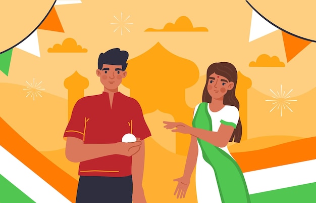 인도 공화국의 날 개념 남자와 여자는 국가 인도 휴일의 전통적인 깃발 근처에