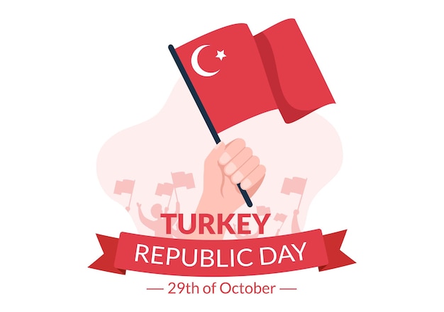Festa della repubblica turchia o 29 ekim cumhuriyet bayrami kutlu olsun illustrazione piana del fumetto disegnato a mano con bandiera della turchia e happy holiday design