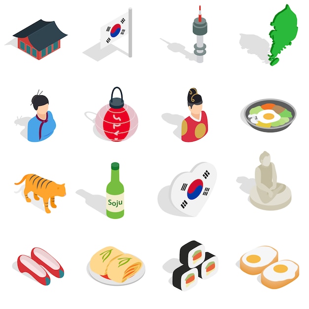 Le icone della repubblica di corea hanno impostato nel ctyle isometrico 3d. illustrazione stabilita di vettore della raccolta della corea del sud