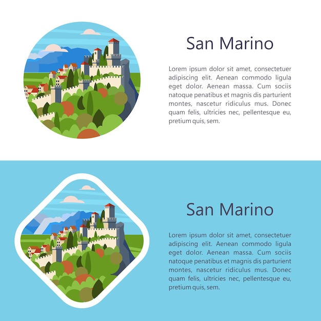 Vector the republic of san marino. city and fortress on the mountain.