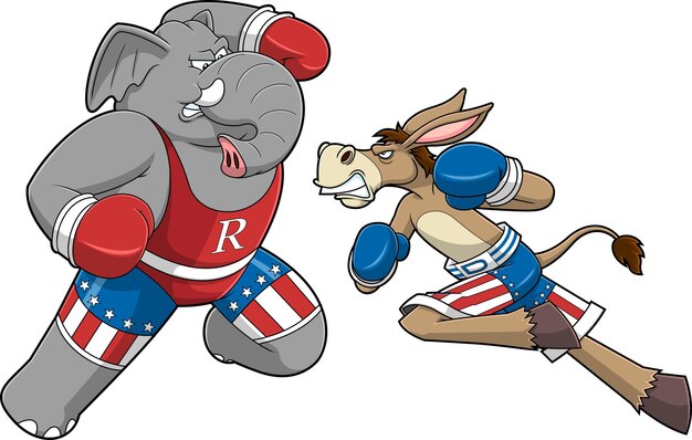 Vector republican elephant and democrat donkey cartoon characters boxing