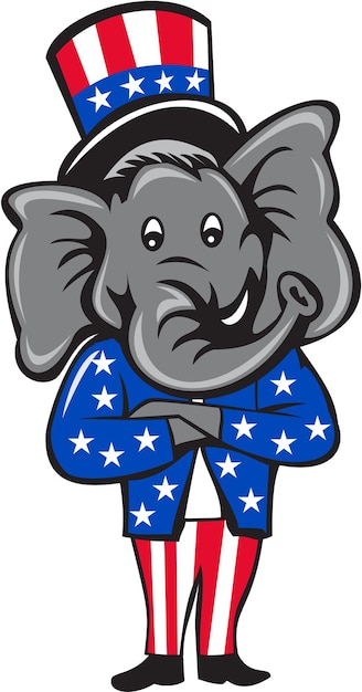 共和党の象のマスコット腕を組んで立っている漫画