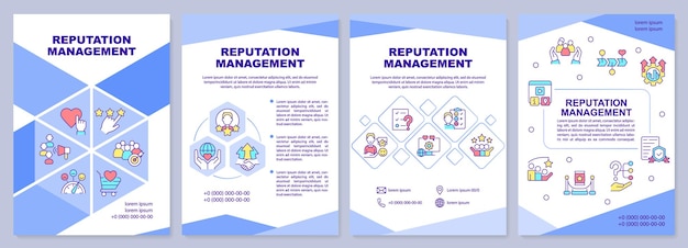 Reputatie management blauwe brochure sjabloon PR werk Folder ontwerp met lineaire pictogrammen 4 vector lay-outs voor presentatie jaarverslagen ArialBlack Myriad ProRegular lettertypen gebruikt