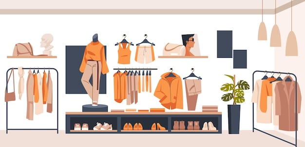 resale market fair charity with choose accessories and fashion stuff secondhand boutique interior garments and shopping furniture merchandise on shelves and racks vector sale store