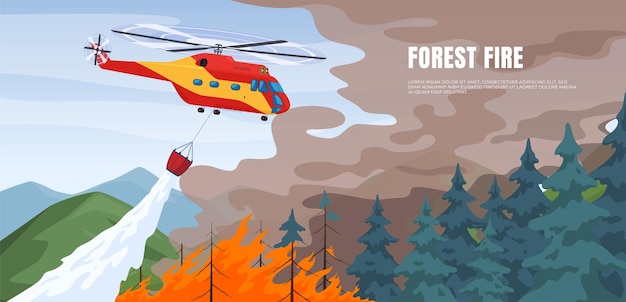 Vector a rescue helicopter extinguishes a forest fire remote extinguishing of fires in mountainous areas combating natural disasters vector illustration