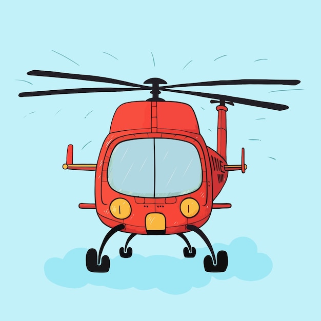 Спасательный вертолет, летящий в небе, мультяшный вертолет, нарисованный от руки вертолет скорой помощи