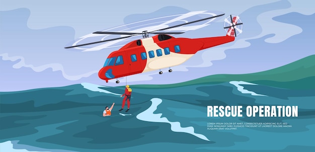 Rescue helicopter in the sea with a group of rescuers Rescue and search for victims at sea during a storm Vector illustration