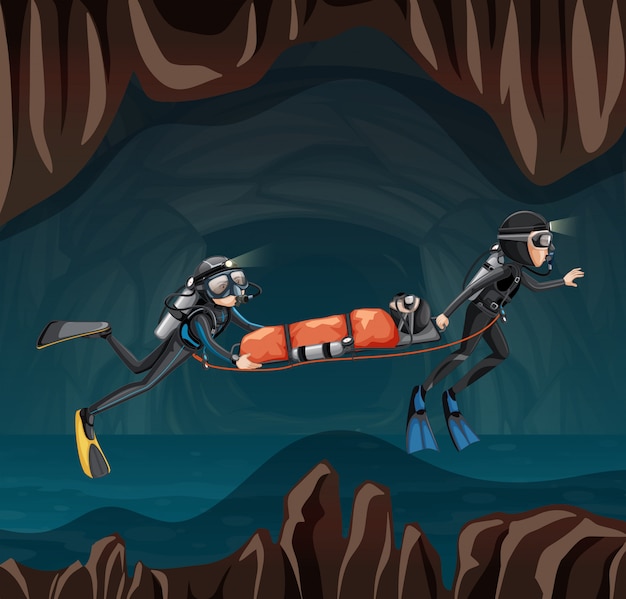 Vector rescue scene in undergound cave