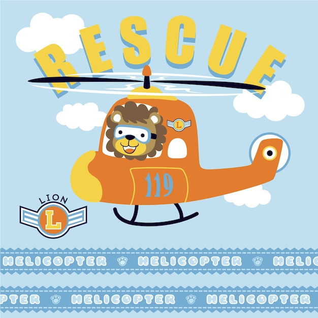 Vector rescue team cartoon with cute lion on helicopter