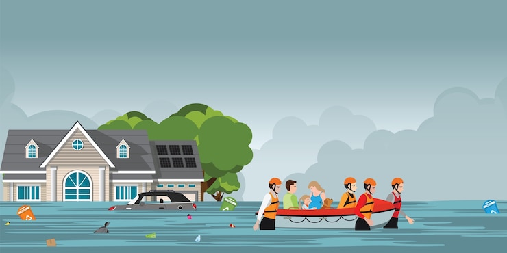 Vector rescue team helping people by pushing a boat .