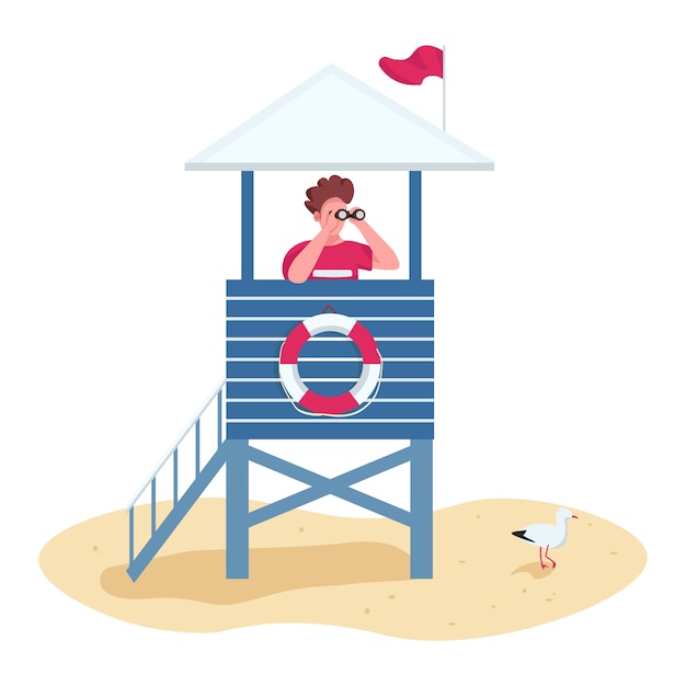 Vector rescuer with binoculars in lifeguard tower flat color vector faceless character. safety on beach, life guard stand isolated cartoon illustration