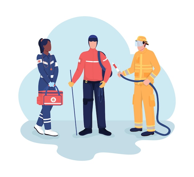 Rescuers 2d vector isolated illustration. social service people. lifesaver and fireman. woman and man in uniform flat characters on cartoon background. emergency situation help colourful scene