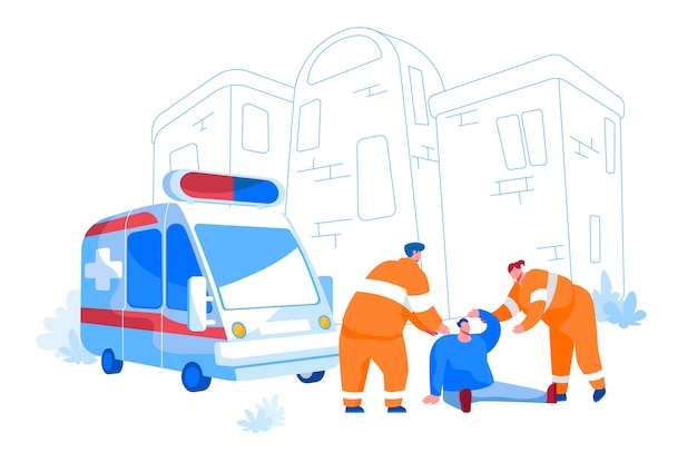 Rescuers characters wearing orange uniform assisting first aid to injured man sitting on ground on street. urgency ambulance help, paramedic occupation, road crash. cartoon people