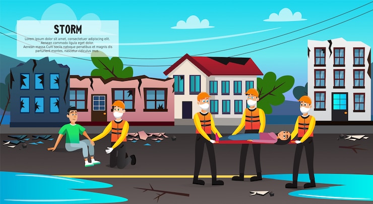 Vector rescuers evacuate people from destroyed buildings.