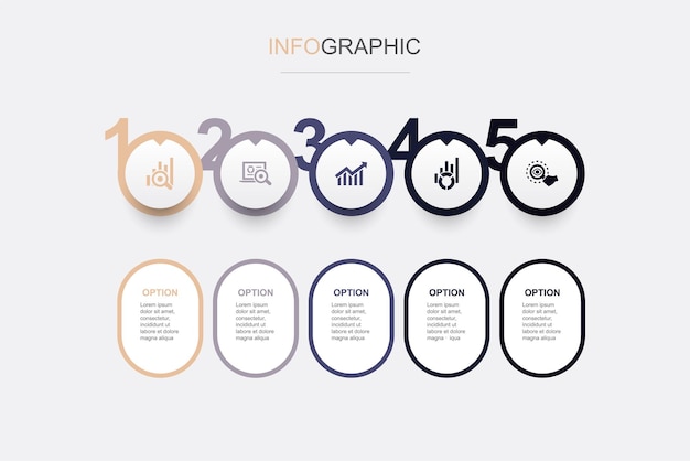 Research monitoring trend statistics inspection icons Infographic design template Creative concept with 5 steps