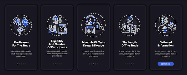 Research protocol onboarding mobile app page screen with concepts