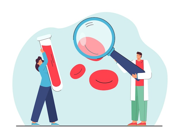 Research of red blood cells by tiny doctors. man holding magnifying glass to study erythrocytes flat vector illustration. hematology, diagnostics concept for banner, website design or landing web page