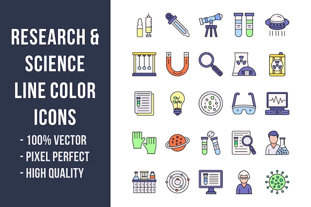 Icone di colore della linea di ricerca e scienza